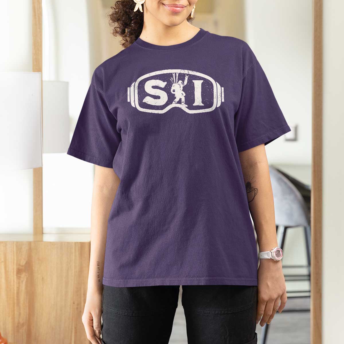 Bigfoot Skiing T Shirt For Women Sasquatch Goggles Skiing Snow Ski Lover Skier - Wonder Print Shop