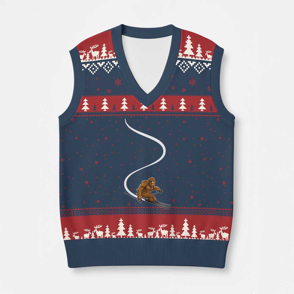 Bigfoot Skiing V-Neck Knit Sweater Vest Funny Sasquatch Ski Lover Mountain Skier Winter Sports - Wonder Print Shop