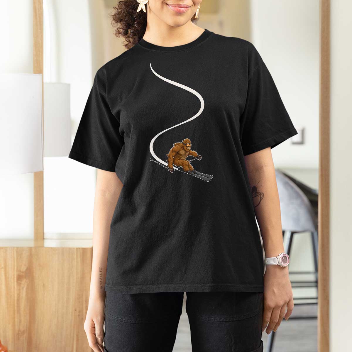 Bigfoot Skiing T Shirt For Women Funny Sasquatch Ski Lover Mountain Skier Winter Sports - Wonder Print Shop