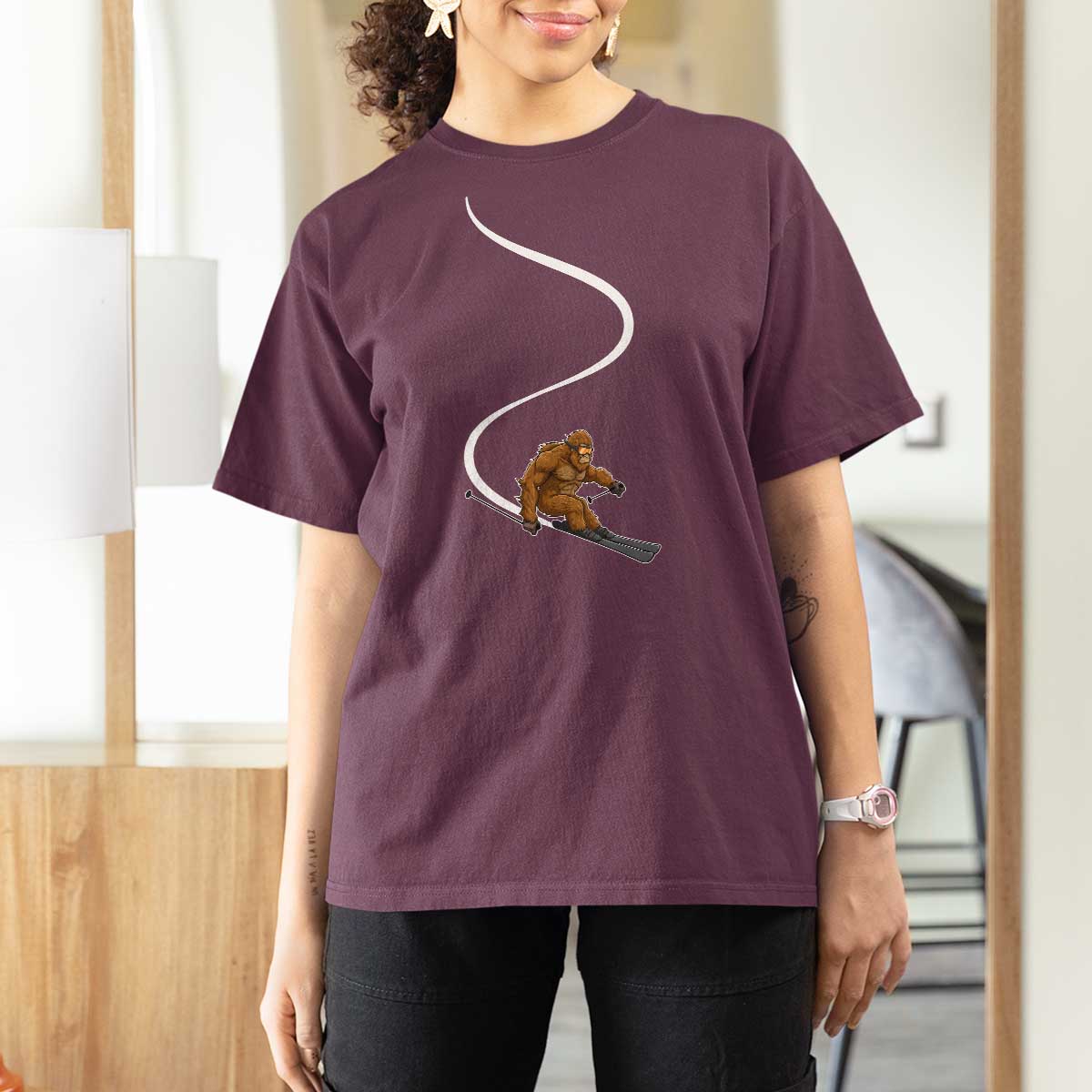 Bigfoot Skiing T Shirt For Women Funny Sasquatch Ski Lover Mountain Skier Winter Sports - Wonder Print Shop