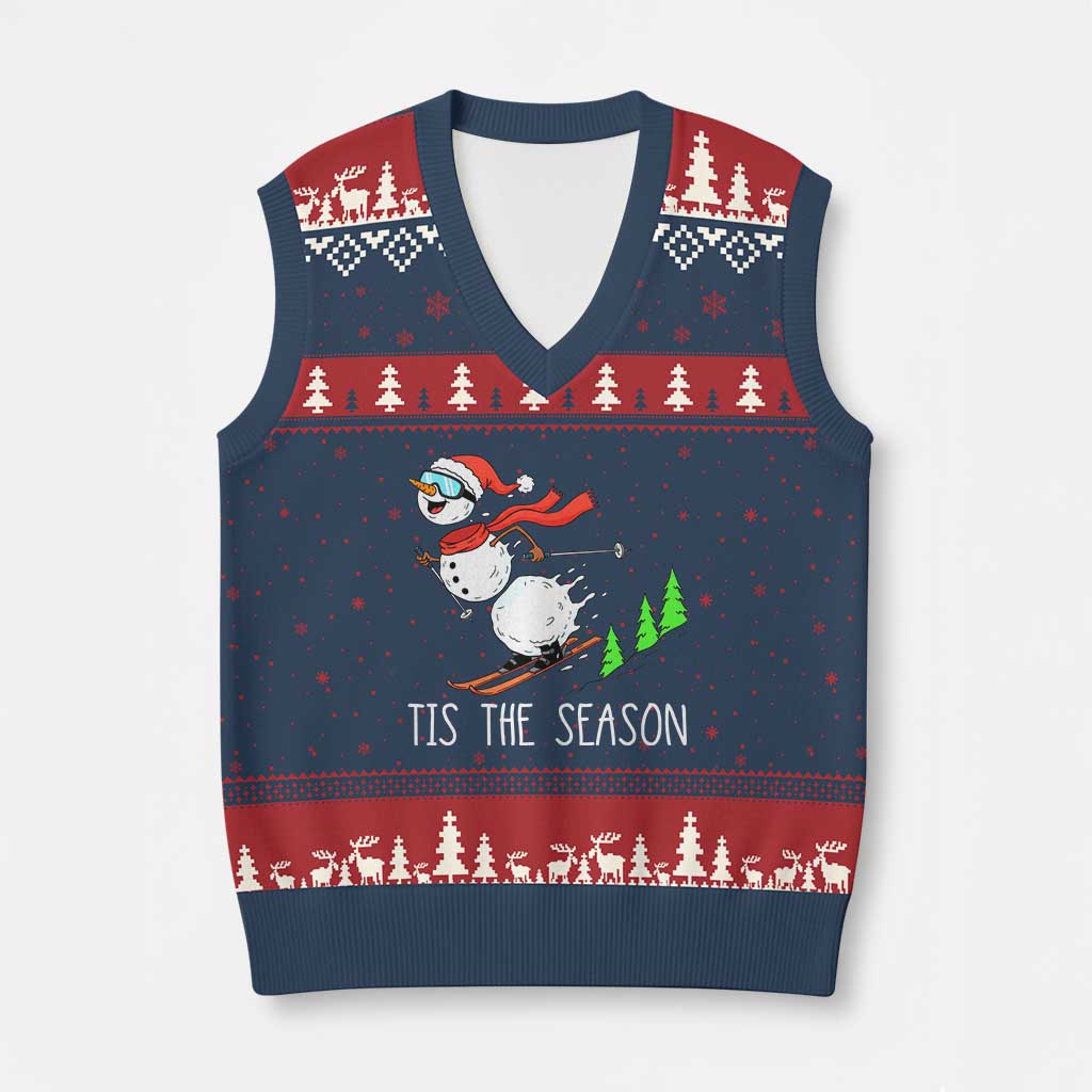 Funny Skiing Snowman V-Neck Knit Sweater Vest Funny Tis The Season Snow Ski Lover Skier - Wonder Print Shop