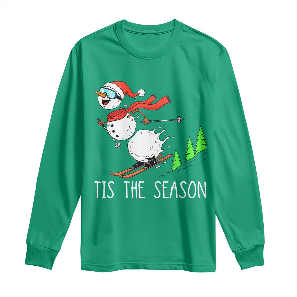 Funny Skiing Snowman Long Sleeve Shirt Funny Tis The Season Snow Ski Lover Skier - Wonder Print Shop