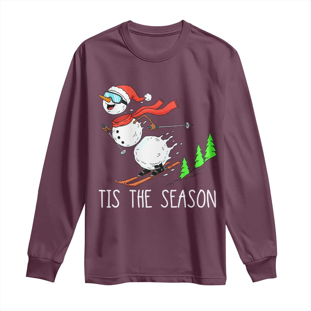 Funny Skiing Snowman Long Sleeve Shirt Funny Tis The Season Snow Ski Lover Skier - Wonder Print Shop