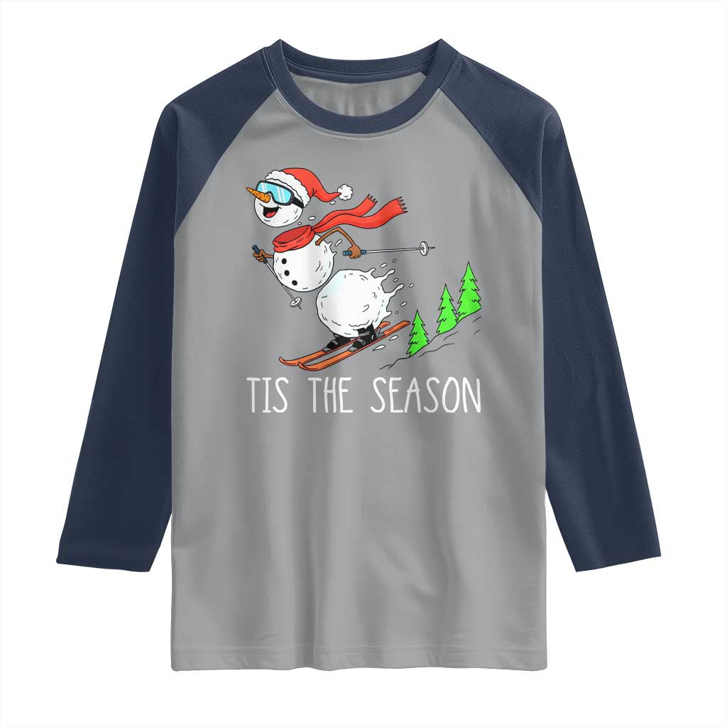 Funny Skiing Snowman Raglan Shirt Funny Tis The Season Snow Ski Lover Skier - Wonder Print Shop