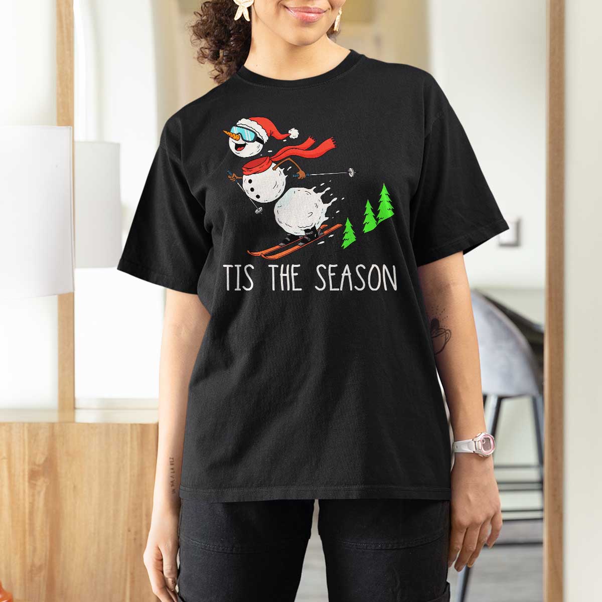 Funny Skiing Snowman T Shirt For Women Funny Tis The Season Snow Ski Lover Skier - Wonder Print Shop