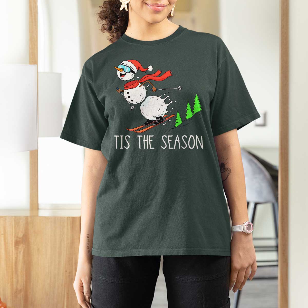 Funny Skiing Snowman T Shirt For Women Funny Tis The Season Snow Ski Lover Skier - Wonder Print Shop