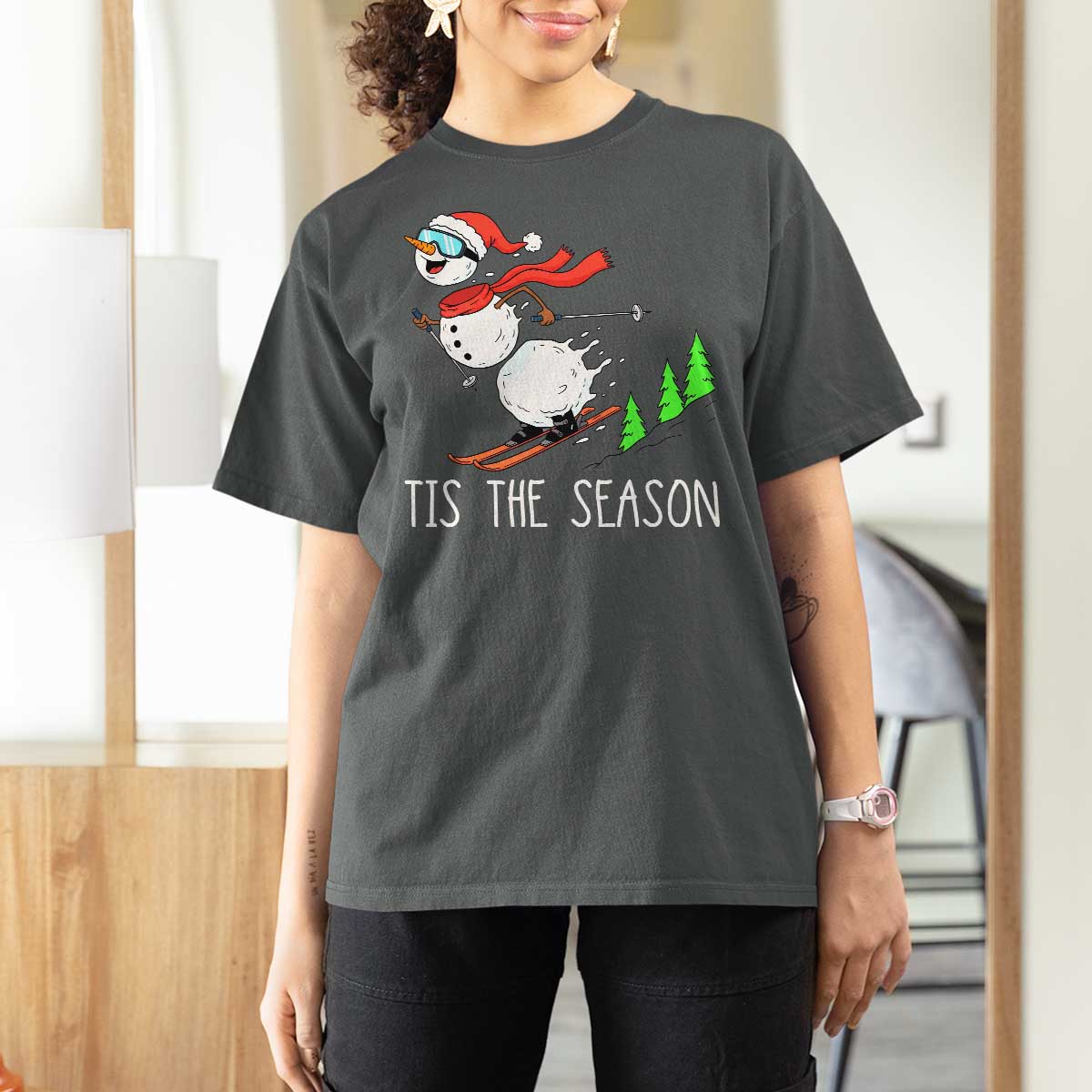 Funny Skiing Snowman T Shirt For Women Funny Tis The Season Snow Ski Lover Skier - Wonder Print Shop