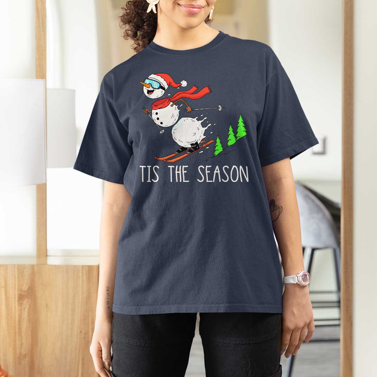Funny Skiing Snowman T Shirt For Women Funny Tis The Season Snow Ski Lover Skier - Wonder Print Shop