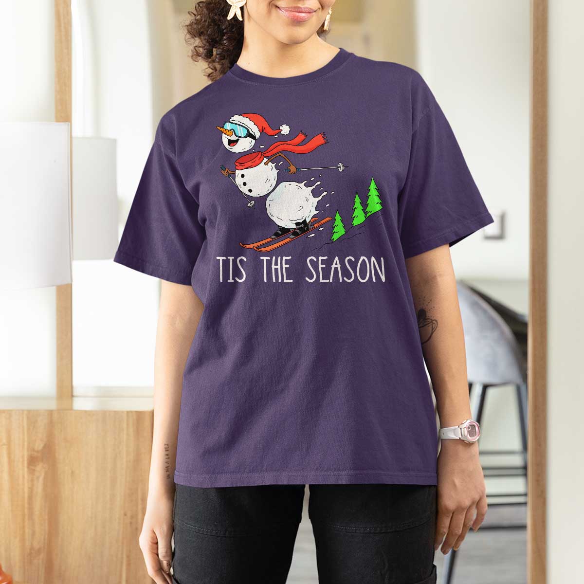 Funny Skiing Snowman T Shirt For Women Funny Tis The Season Snow Ski Lover Skier - Wonder Print Shop