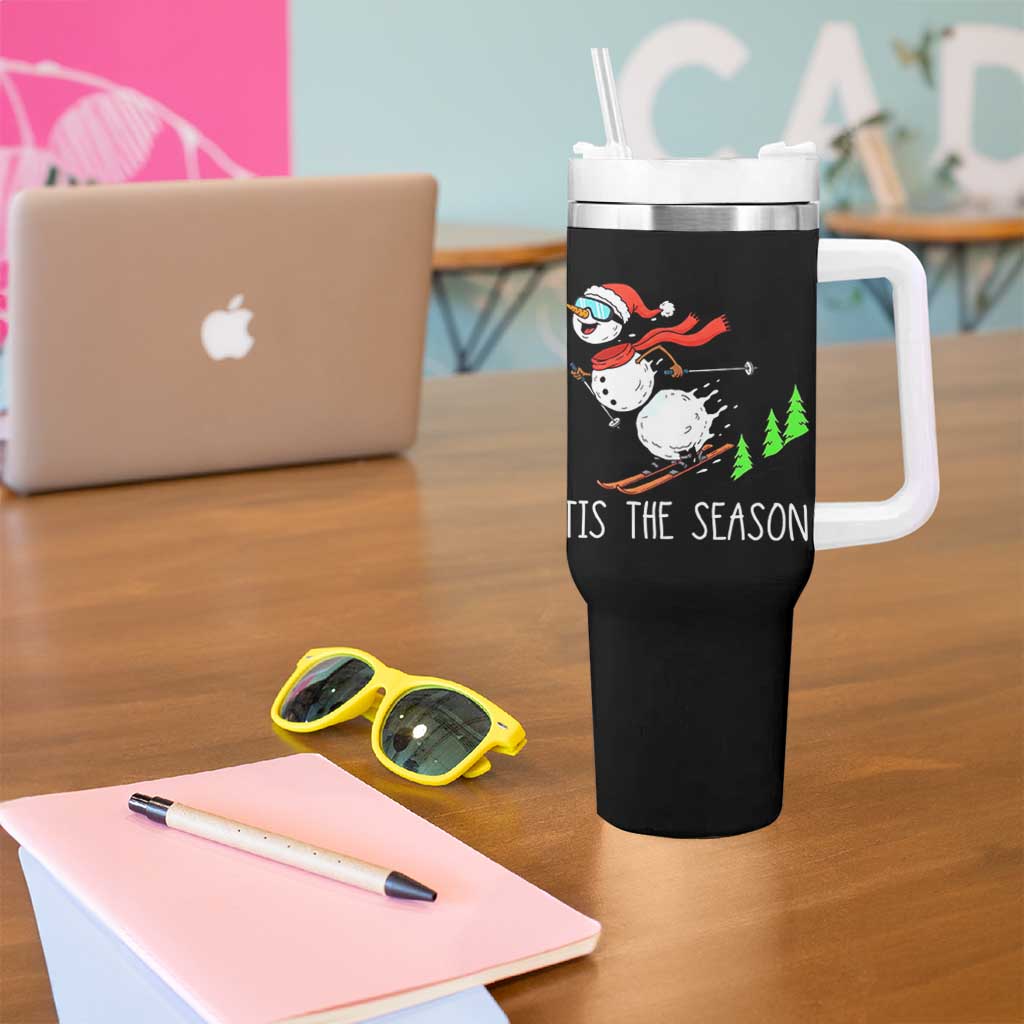 Funny Skiing Snowman Tumbler With Handle Funny Tis The Season Snow Ski Lover Skier - Wonder Print Shop