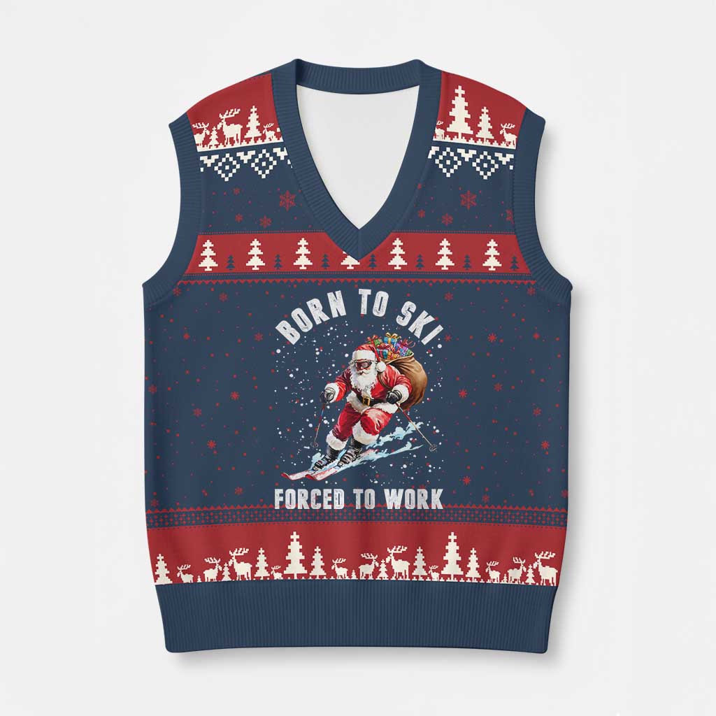 Skiing Santa Xmas V-Neck Knit Sweater Vest Funny Born to Ski Forced to Work - Wonder Print Shop