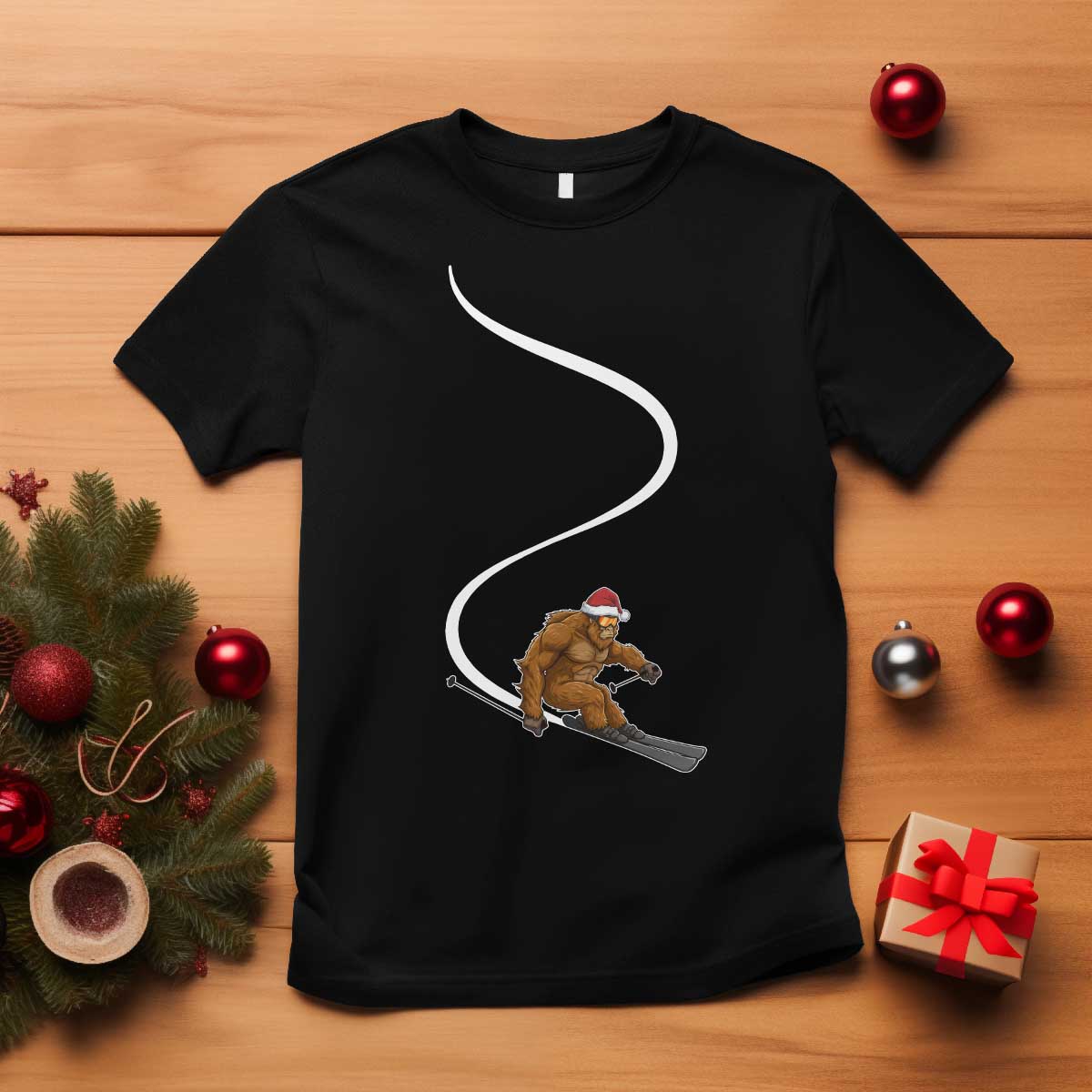 Christmas Bigfoot Skiing T Shirt Funny Santa Sasquatch Ski Lover Mountain Skier Winter Sports - Wonder Print Shop