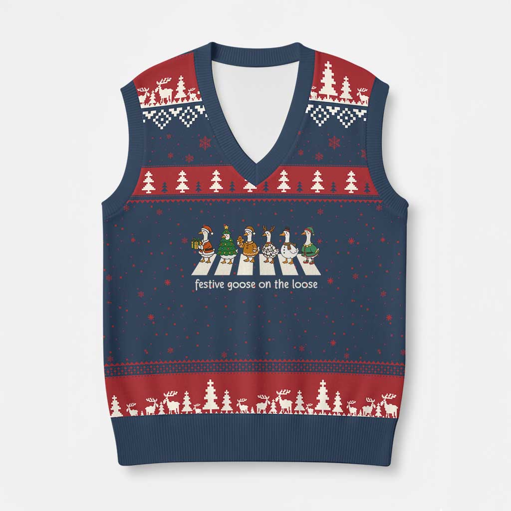 Funny Xmas Goose V-Neck Knit Sweater Vest Festive Goose On The Loose Xmas Meme - Wonder Print Shop