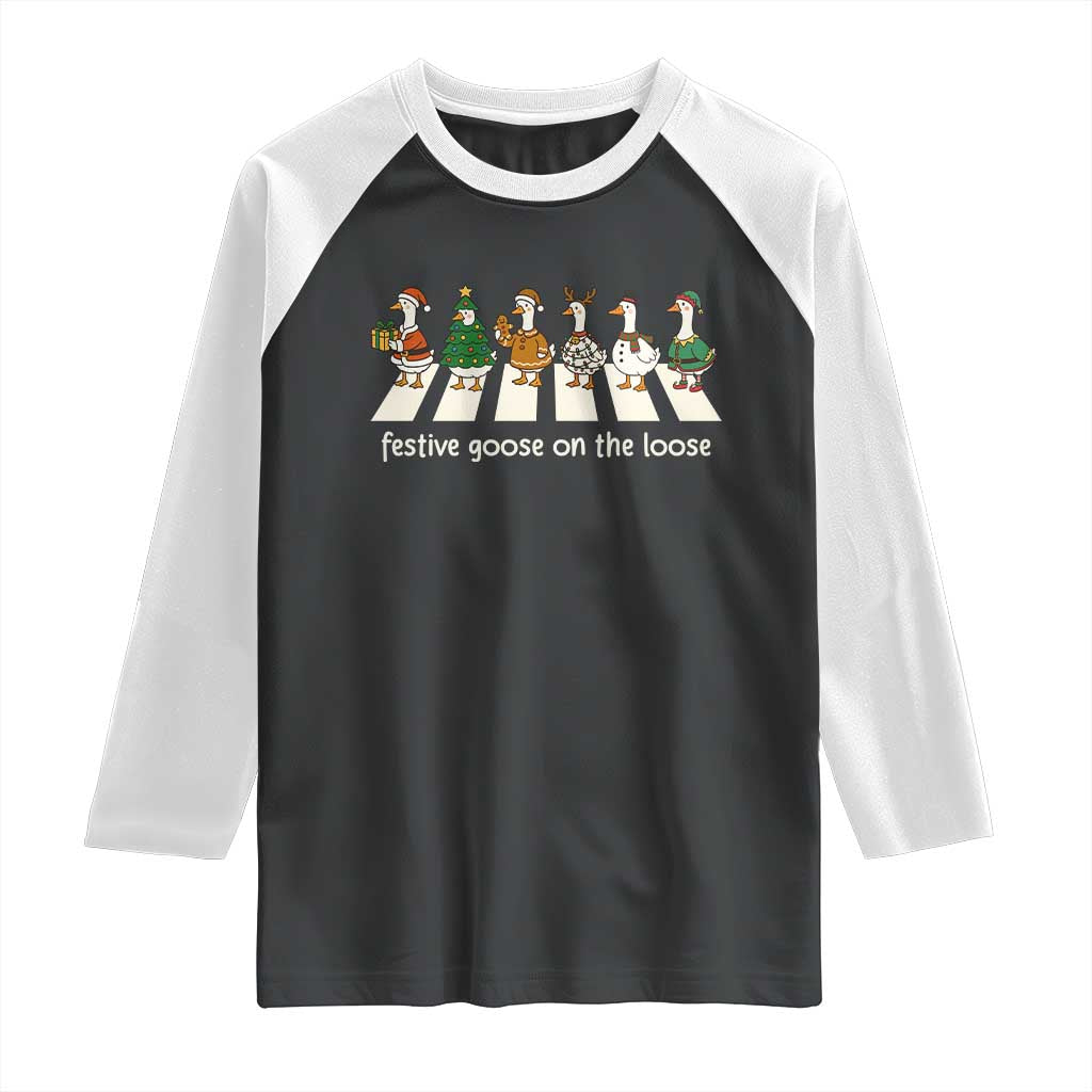 Funny Christmas Goose Raglan Shirt Festive Goose On The Loose Xmas Meme - Wonder Print Shop