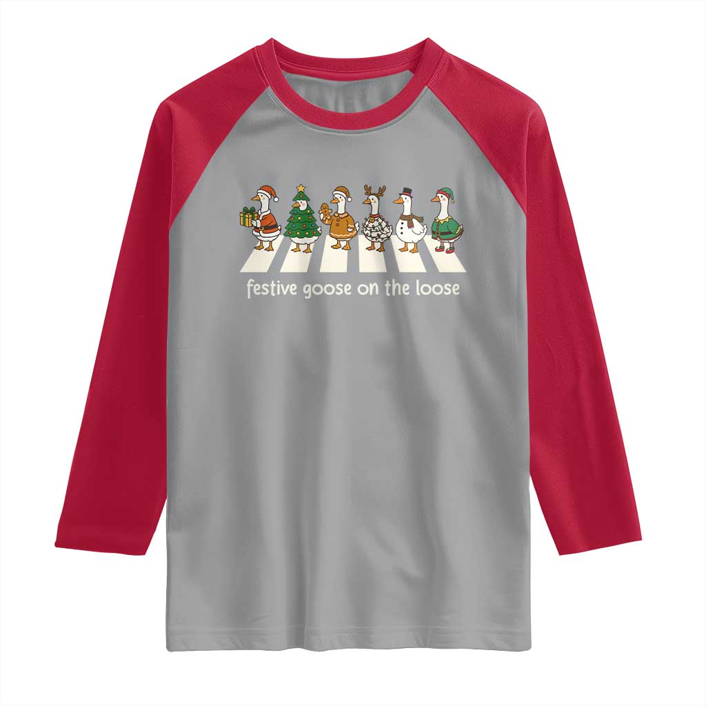 Funny Christmas Goose Raglan Shirt Festive Goose On The Loose Xmas Meme - Wonder Print Shop