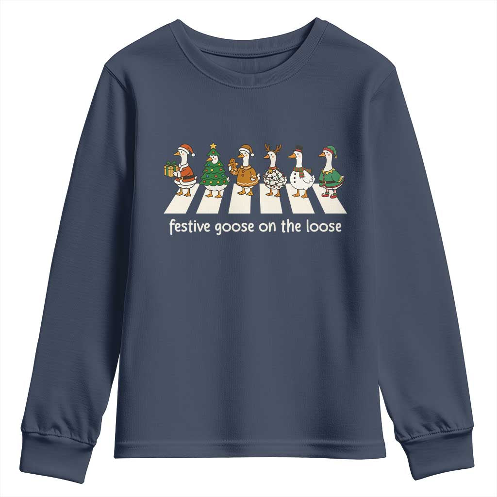 Funny Christmas Goose Youth Sweatshirt Festive Goose On The Loose Xmas Meme - Wonder Print Shop