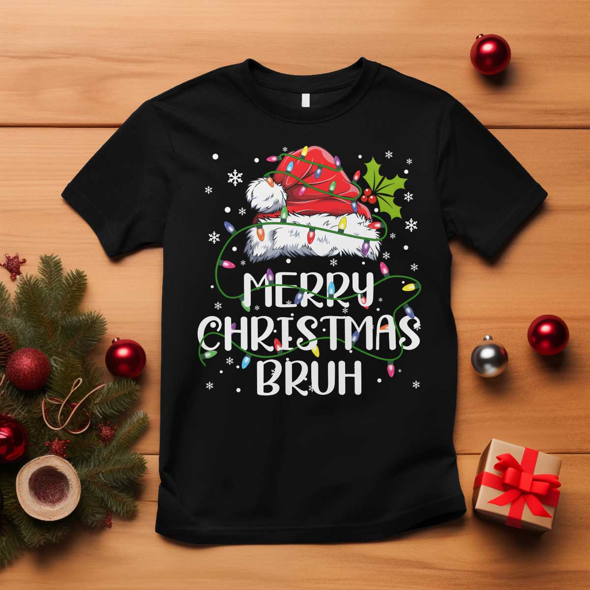 Merry Christmas Bruh T Shirt Funny Saying Santa Claus Christmas Lights Pajama - Wonder Print Shop