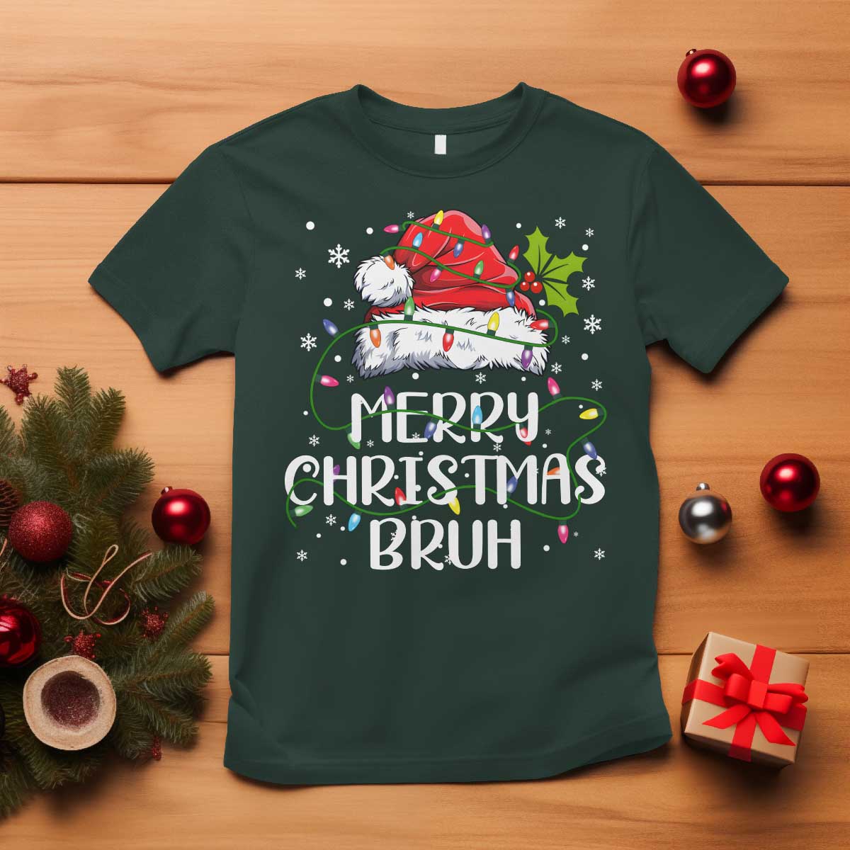 Merry Christmas Bruh T Shirt Funny Saying Santa Claus Christmas Lights Pajama - Wonder Print Shop