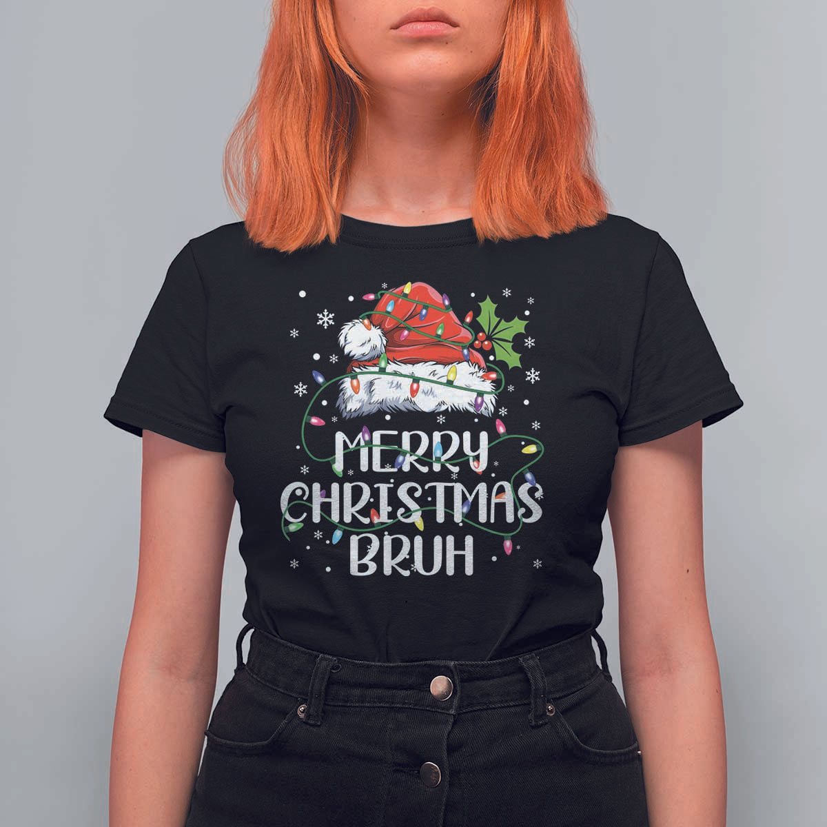 Merry Christmas Bruh T Shirt For Women Funny Saying Santa Claus Christmas Lights Pajama - Wonder Print Shop