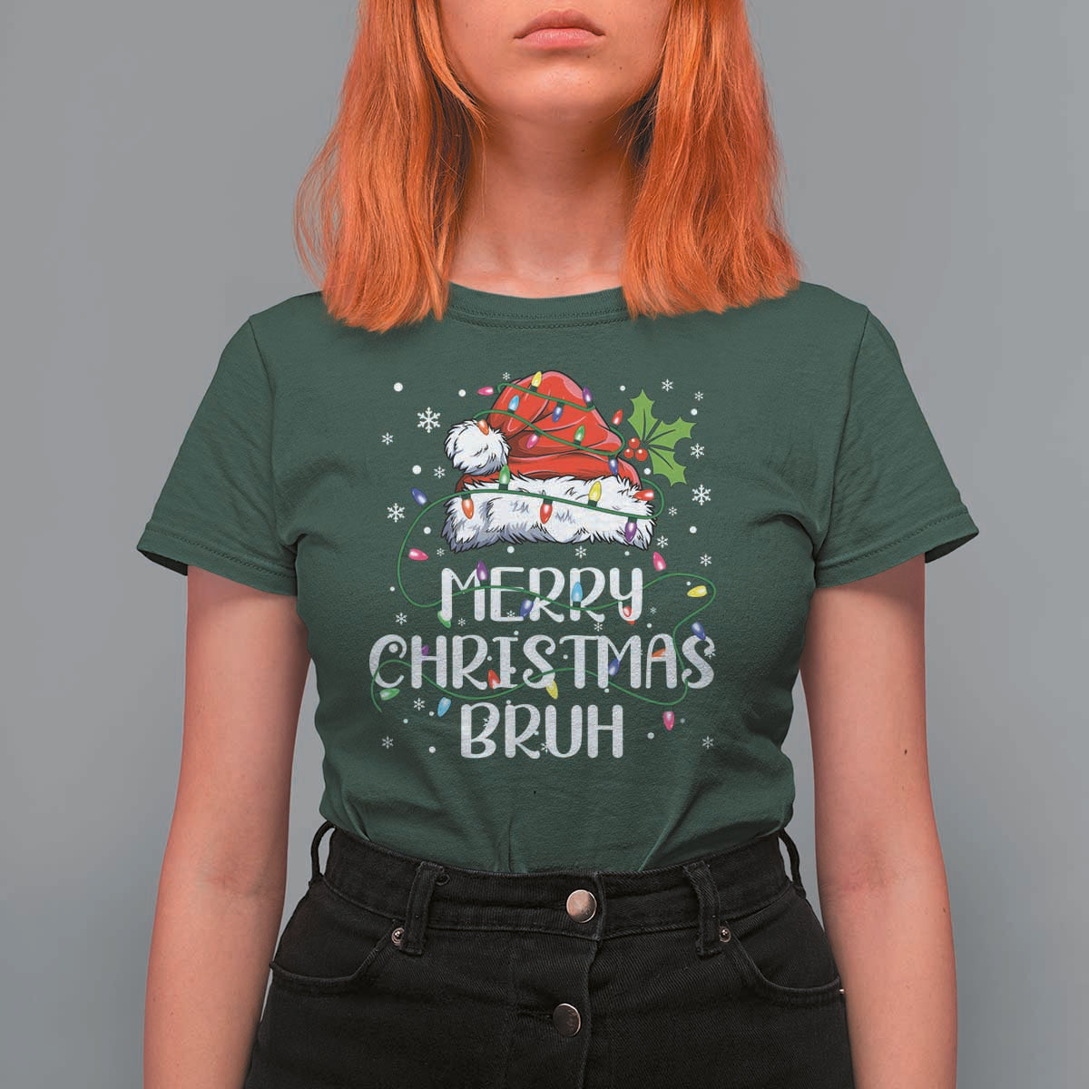 Merry Christmas Bruh T Shirt For Women Funny Saying Santa Claus Christmas Lights Pajama - Wonder Print Shop