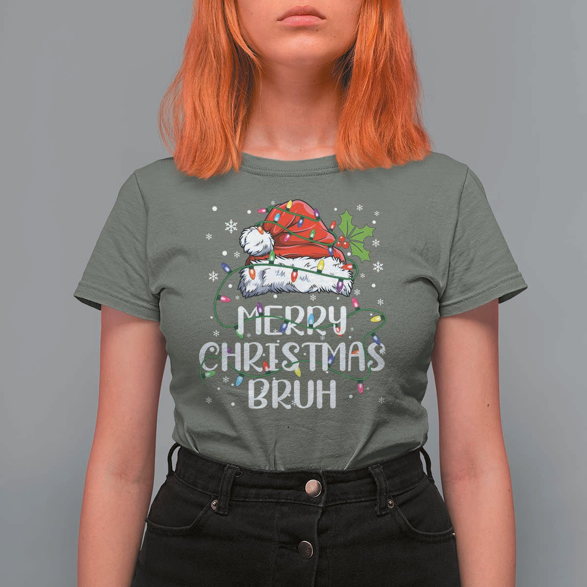 Merry Christmas Bruh T Shirt For Women Funny Saying Santa Claus Christmas Lights Pajama - Wonder Print Shop