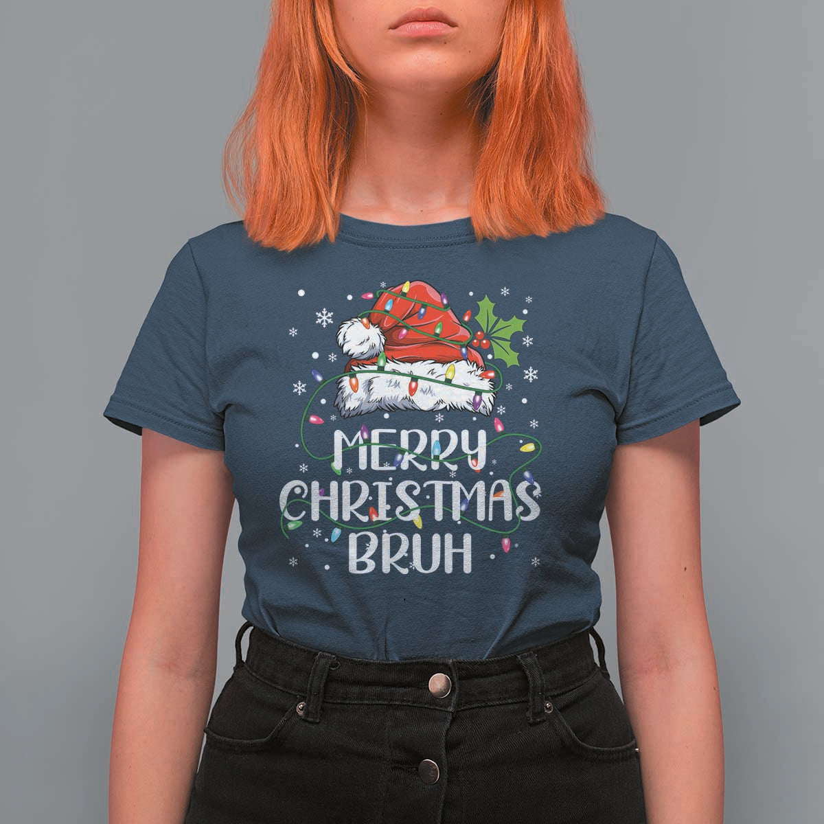 Merry Christmas Bruh T Shirt For Women Funny Saying Santa Claus Christmas Lights Pajama - Wonder Print Shop