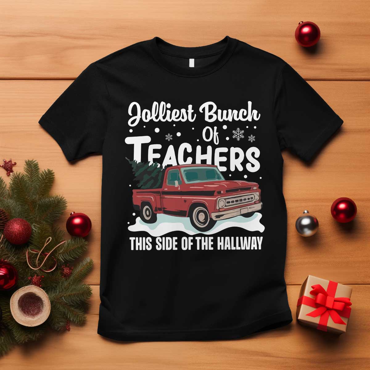 Teacher Christmas T Shirt Vintage Jolliest Bunch Of Teachers This Side Of The Hallway - Wonder Print Shop