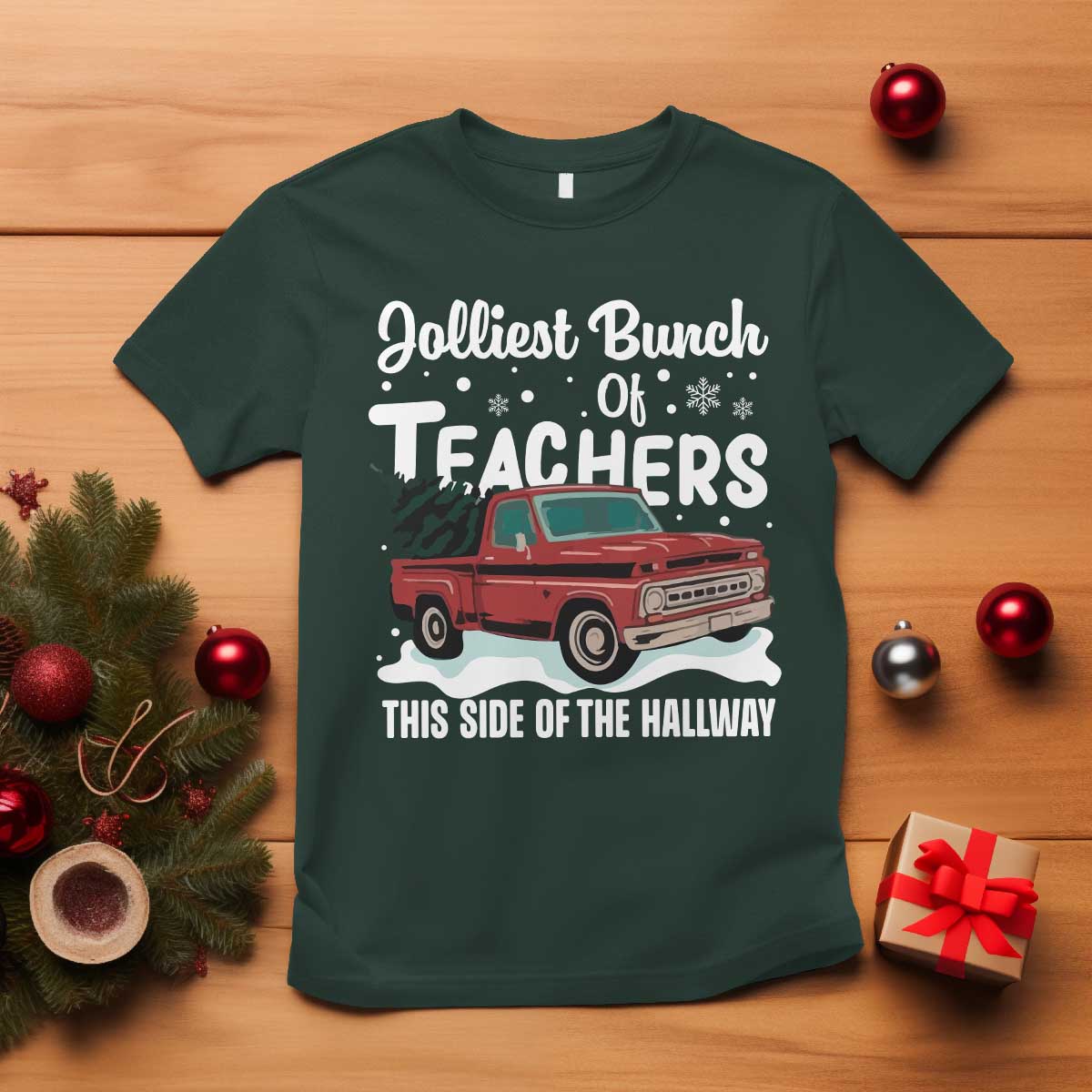 Teacher Christmas T Shirt Vintage Jolliest Bunch Of Teachers This Side Of The Hallway - Wonder Print Shop