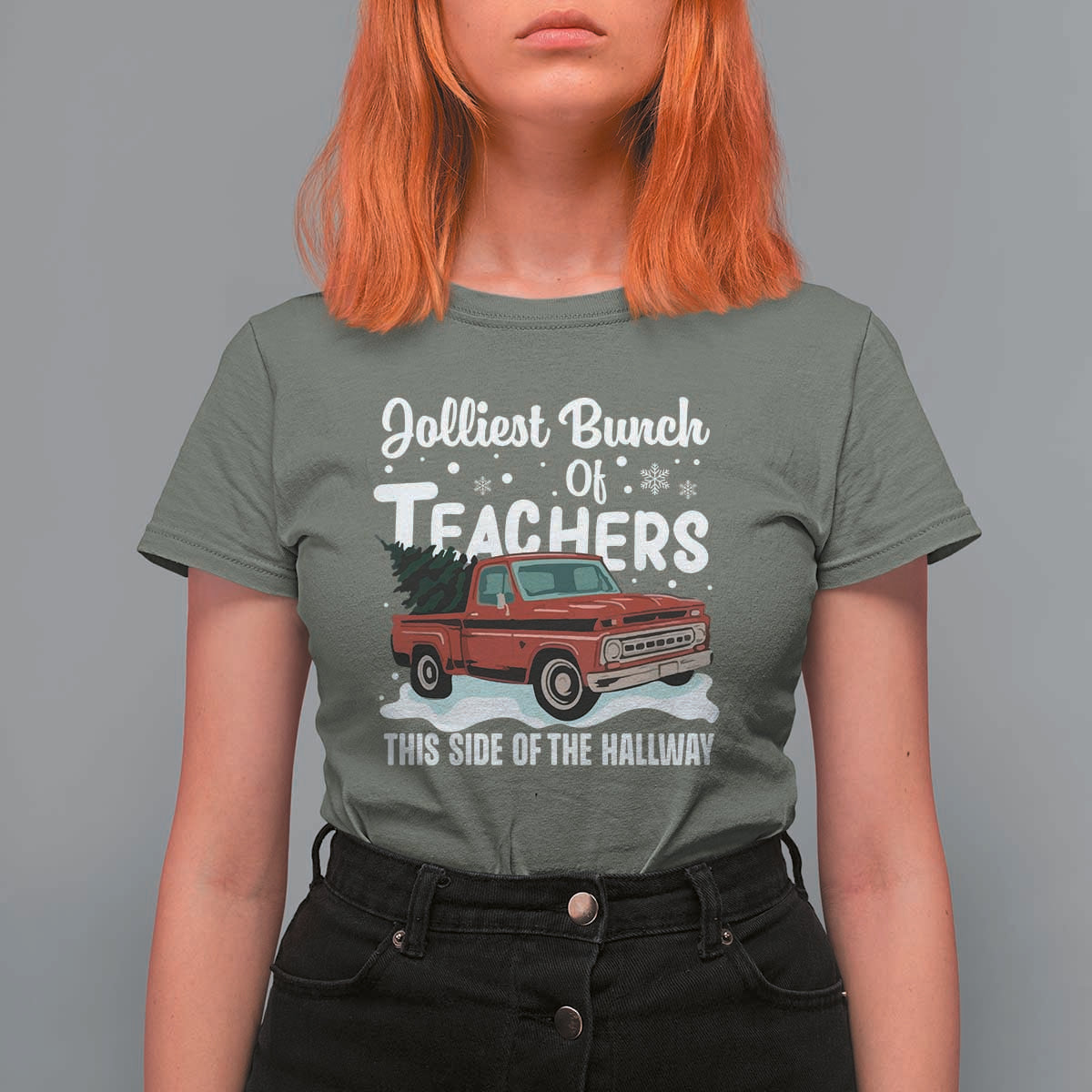 Teacher Christmas T Shirt For Women Vintage Jolliest Bunch Of Teachers This Side Of The Hallway - Wonder Print Shop