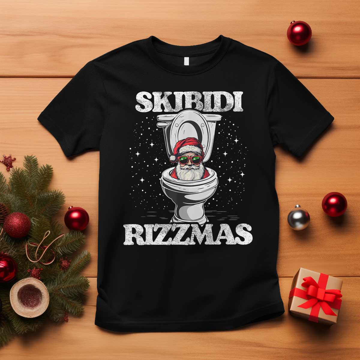 Funny Christmas T Shirt Skibidi Rizzmas Rizz Santa Toilet Kid Cool - Wonder Print Shop