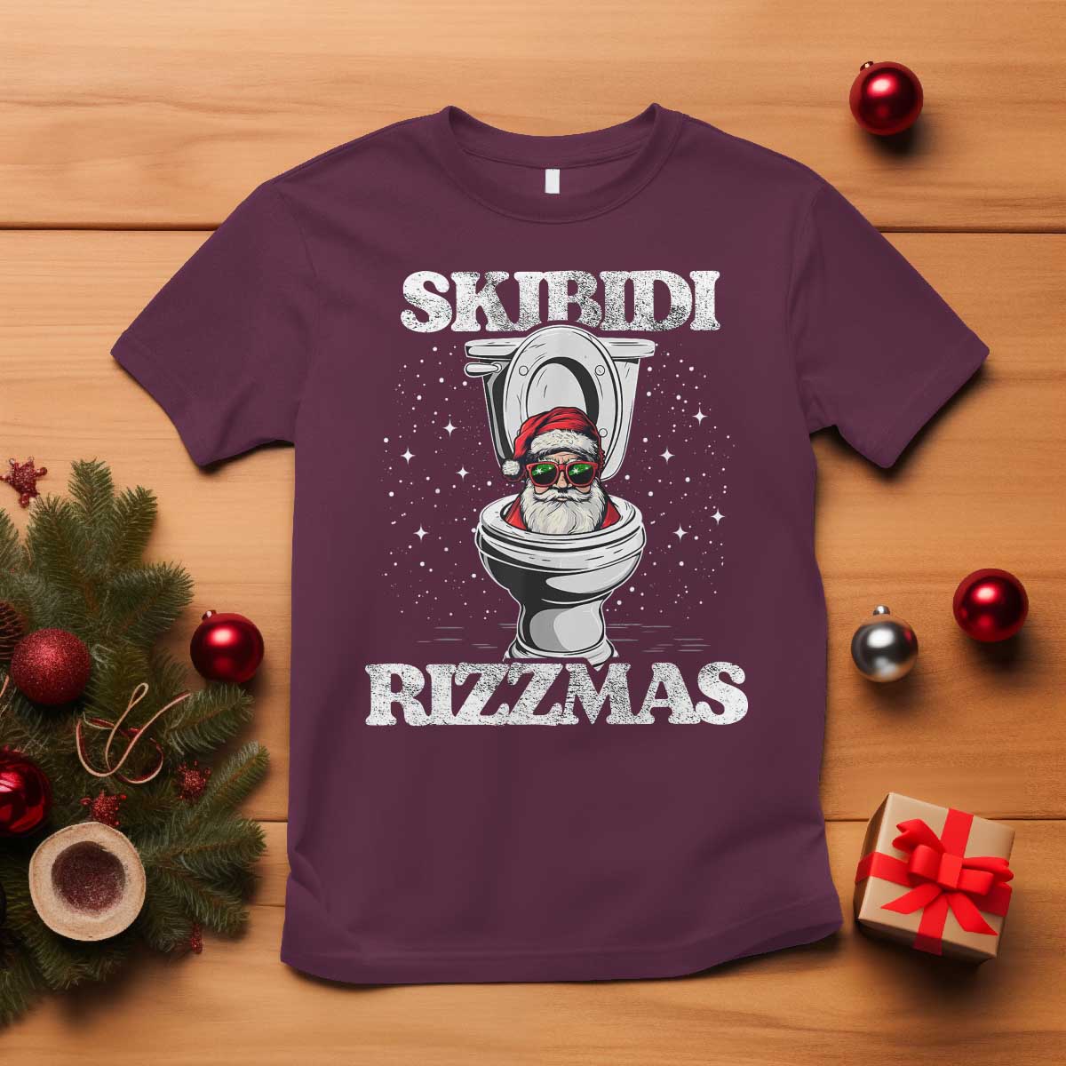 Funny Christmas T Shirt Skibidi Rizzmas Rizz Santa Toilet Kid Cool - Wonder Print Shop