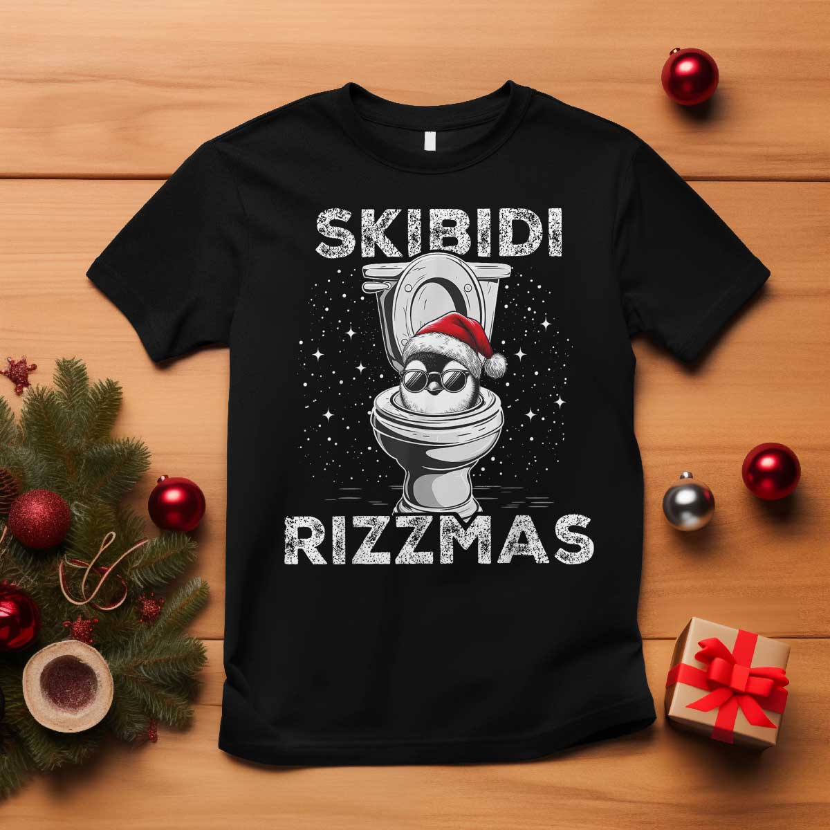 Funny Christmas T Shirt Skibidi Rizzmas Rizz Santa Toilet Penguin Kid Cool - Wonder Print Shop