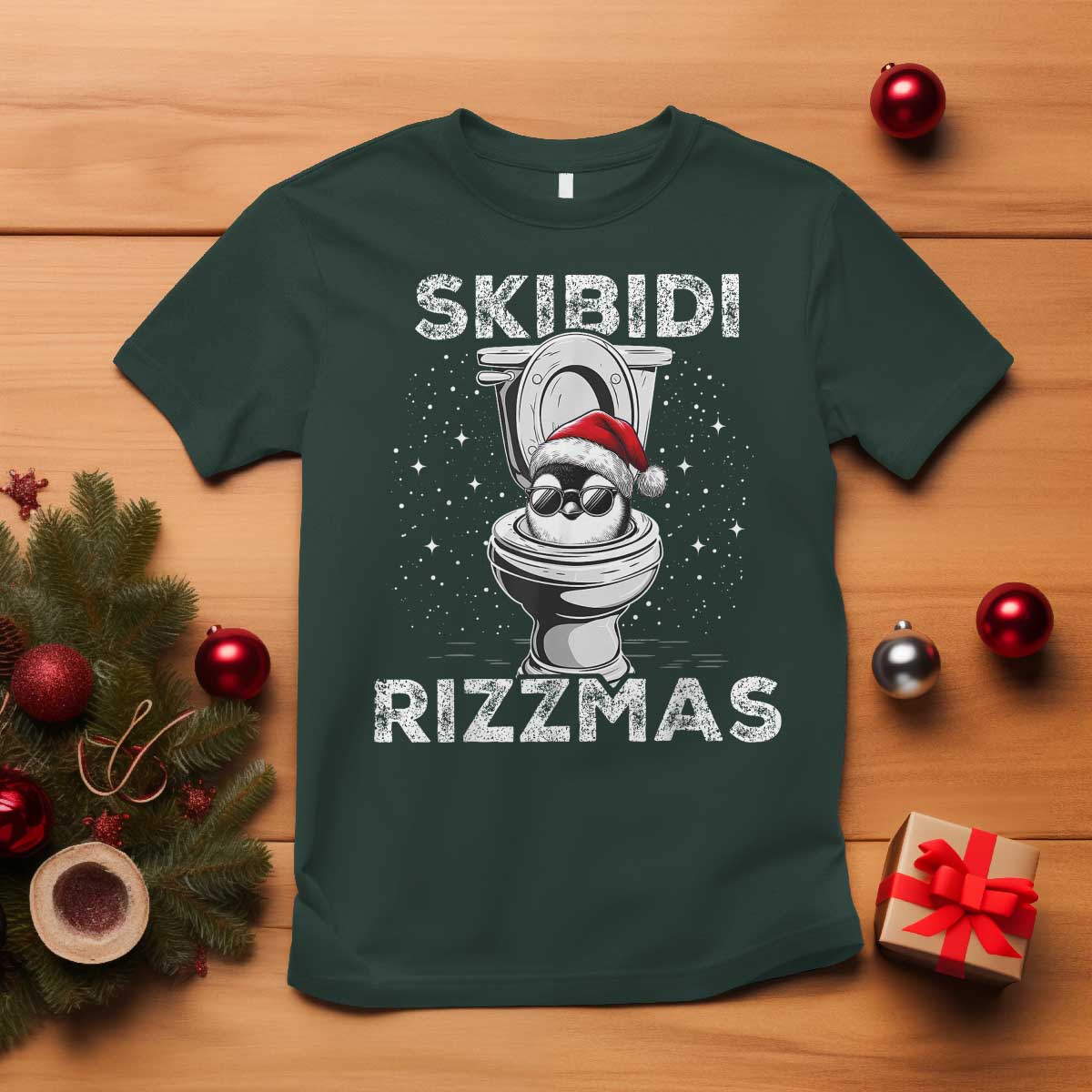 Funny Christmas T Shirt Skibidi Rizzmas Rizz Santa Toilet Penguin Kid Cool - Wonder Print Shop