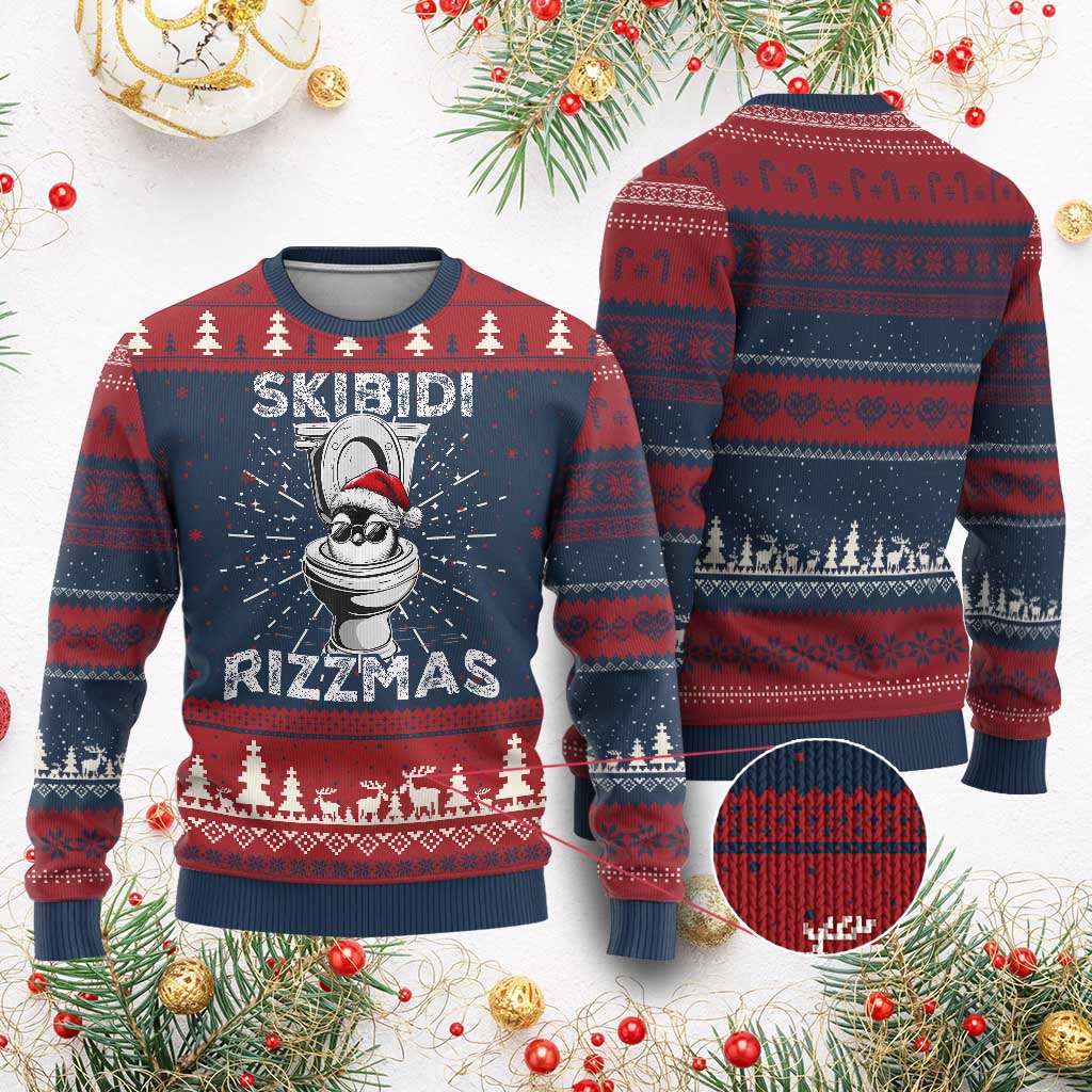 Funny Ugly Christmas Sweater Skibidi Rizzmas Rizz Santa Toilet Penguin Kid Cool - Wonder Print Shop