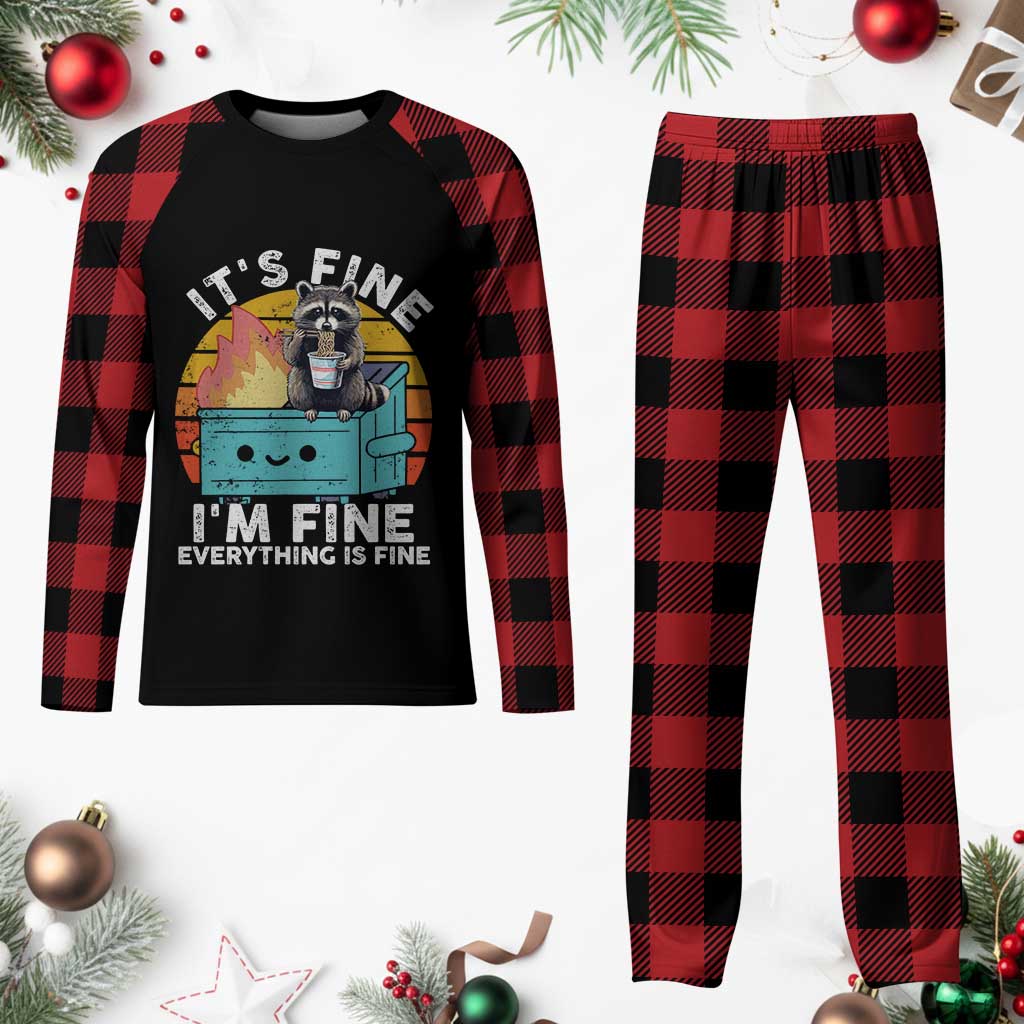 Funny Racoon Plaid Pajama Set Eating Instant Noodle Cup Dumpster Fire Everything Is Fine Meme - Wonder Print Shop