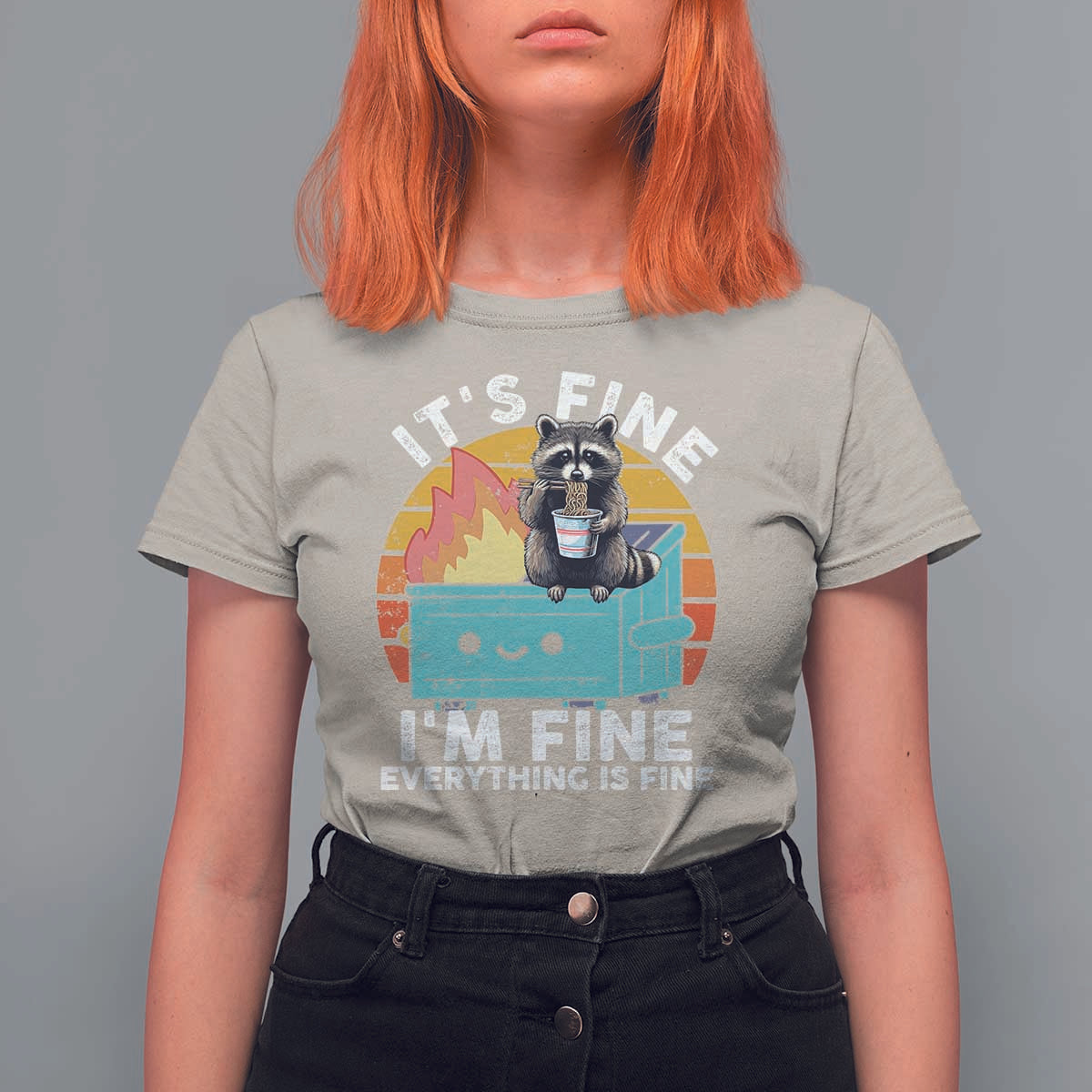 Funny Racoon T Shirt For Women Eating Instant Noodle Cup Dumpster Fire Everything Is Fine Meme - Wonder Print Shop