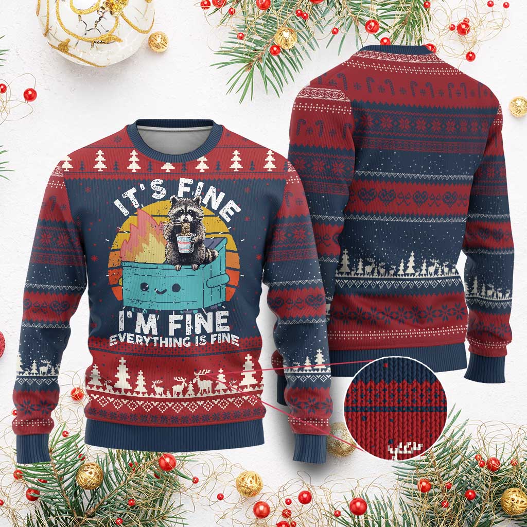 Funny Racoon Ugly Christmas Sweater Eating Instant Noodle Cup Dumpster Fire Everything Is Fine Meme - Wonder Print Shop