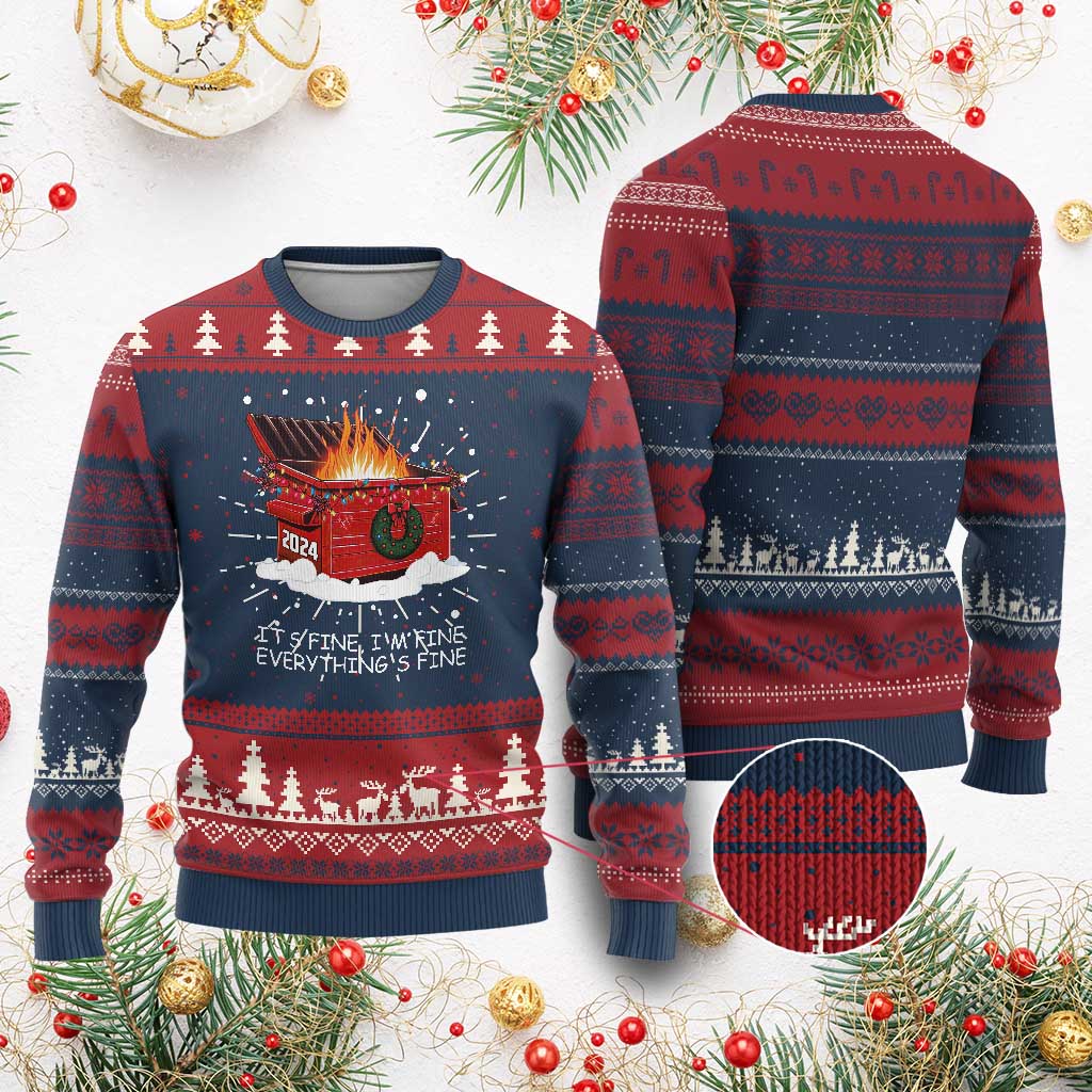 Dumpster Fire Ugly Christmas Sweater Everythings Fine Funny Christmas - Wonder Print Shop