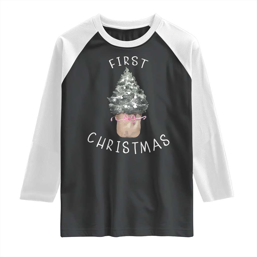 My First Christmas Raglan Shirt Baby's First Holiday Xmas Tree Bow - Wonder Print Shop