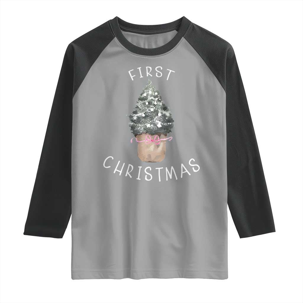My First Christmas Raglan Shirt Baby's First Holiday Xmas Tree Bow - Wonder Print Shop