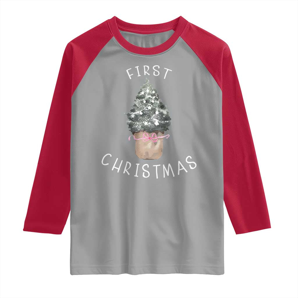 My First Christmas Raglan Shirt Baby's First Holiday Xmas Tree Bow - Wonder Print Shop