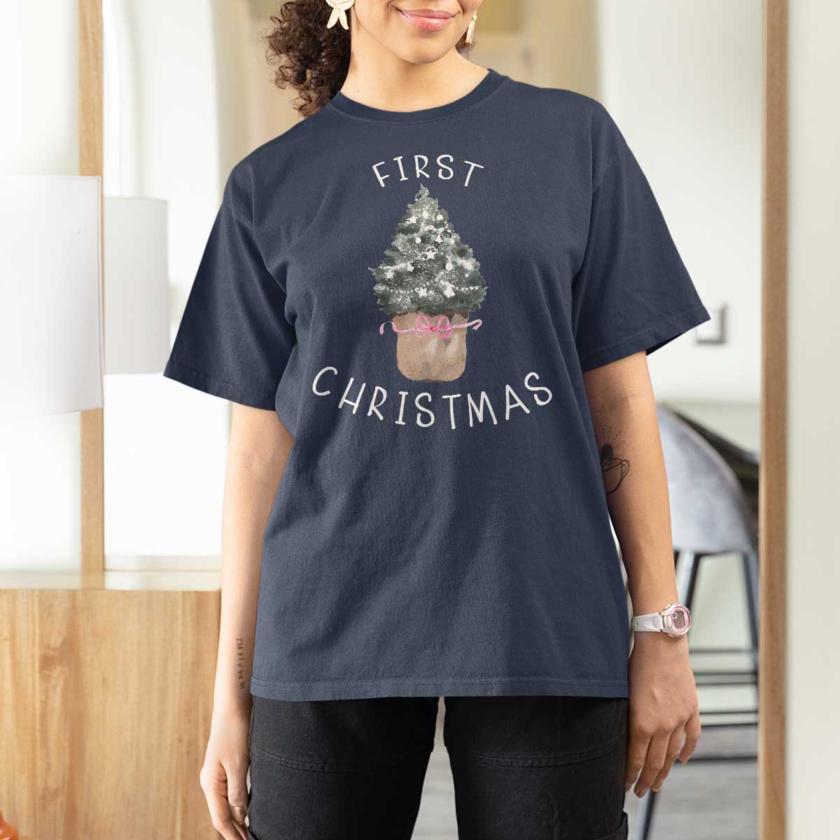 My First Christmas T Shirt For Women Baby's First Holiday Xmas Tree Bow - Wonder Print Shop