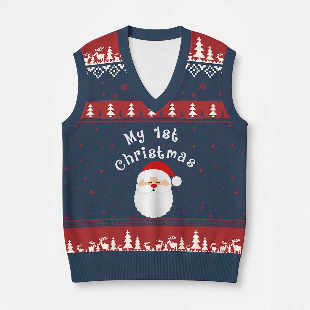 My First Xmas V-Neck Knit Sweater Vest Baby's First Holiday Xmas Santa - Wonder Print Shop