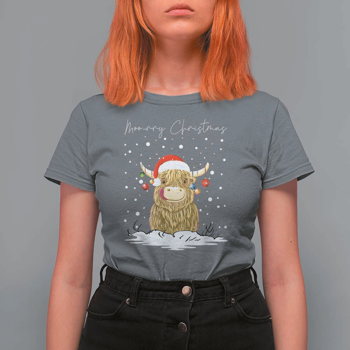 Christmas Cow T Shirt For Women Scottish Highland Cow Moo-rry Christmas - Wonder Print Shop