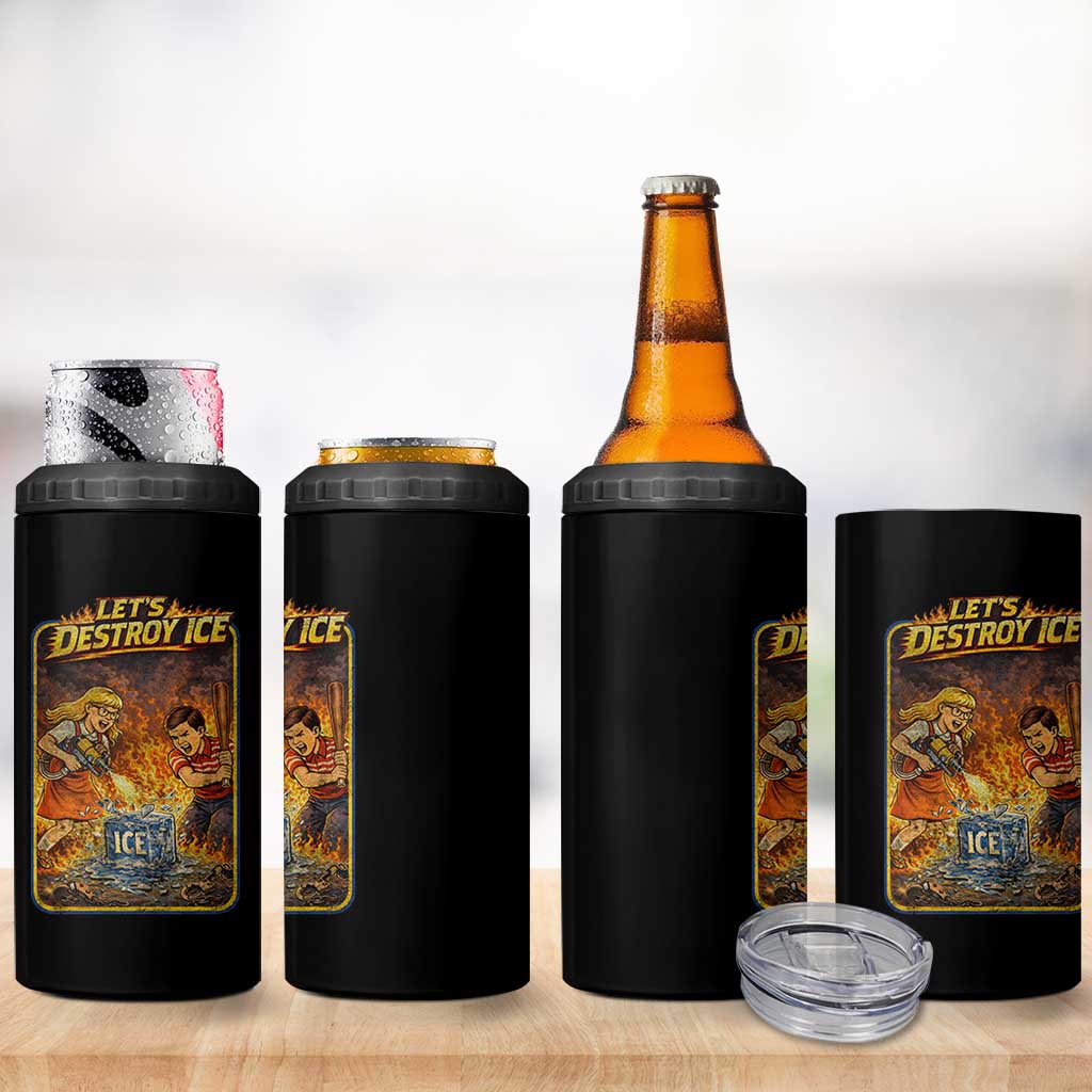 Subtle Abolish Ice 4 in 1 Can Cooler Tumbler Retro Protest Satirical Graphic Let's Destroy Ice