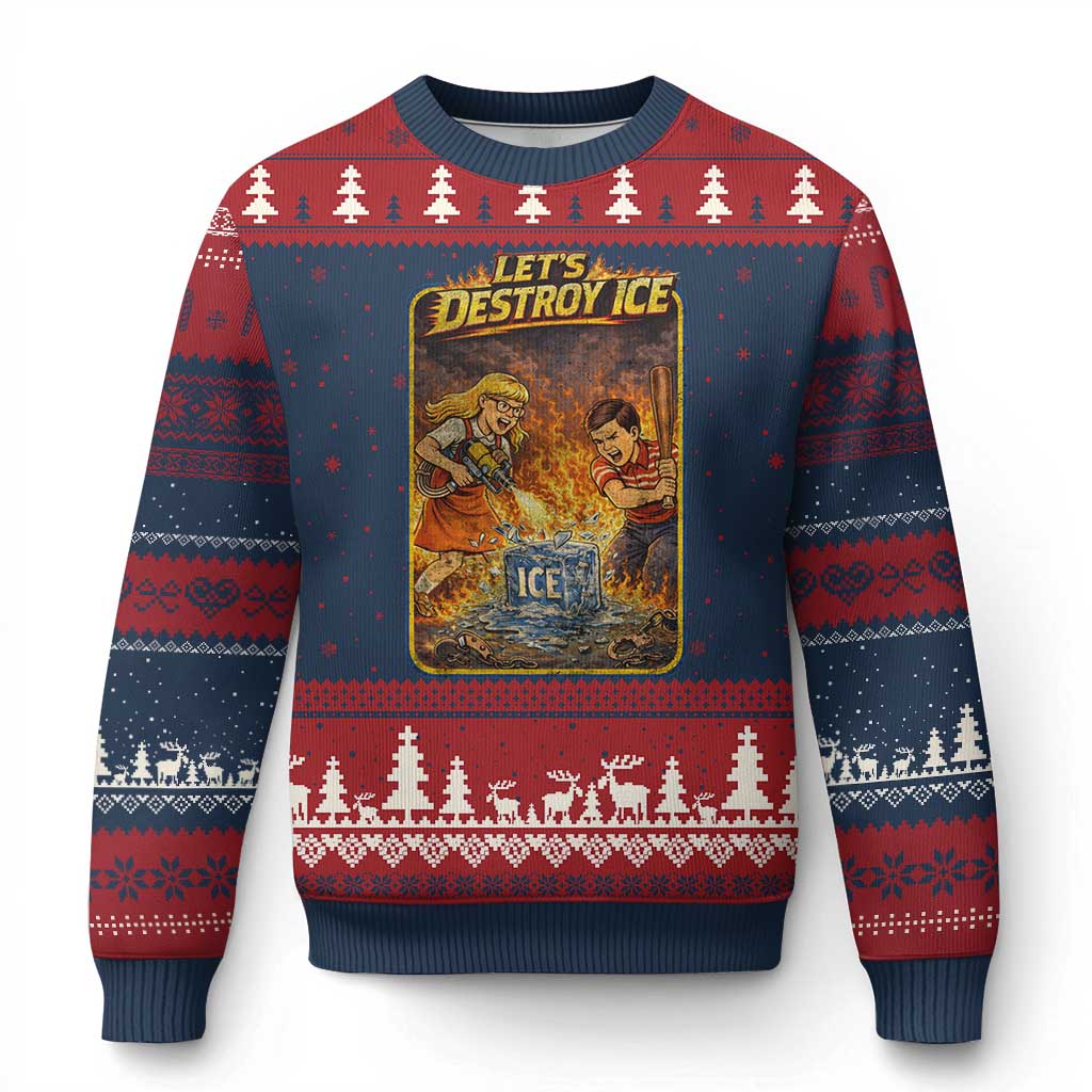 Subtle Abolish Ice Ugly Christmas Sweater Retro Protest Satirical Graphic Let's Destroy Ice