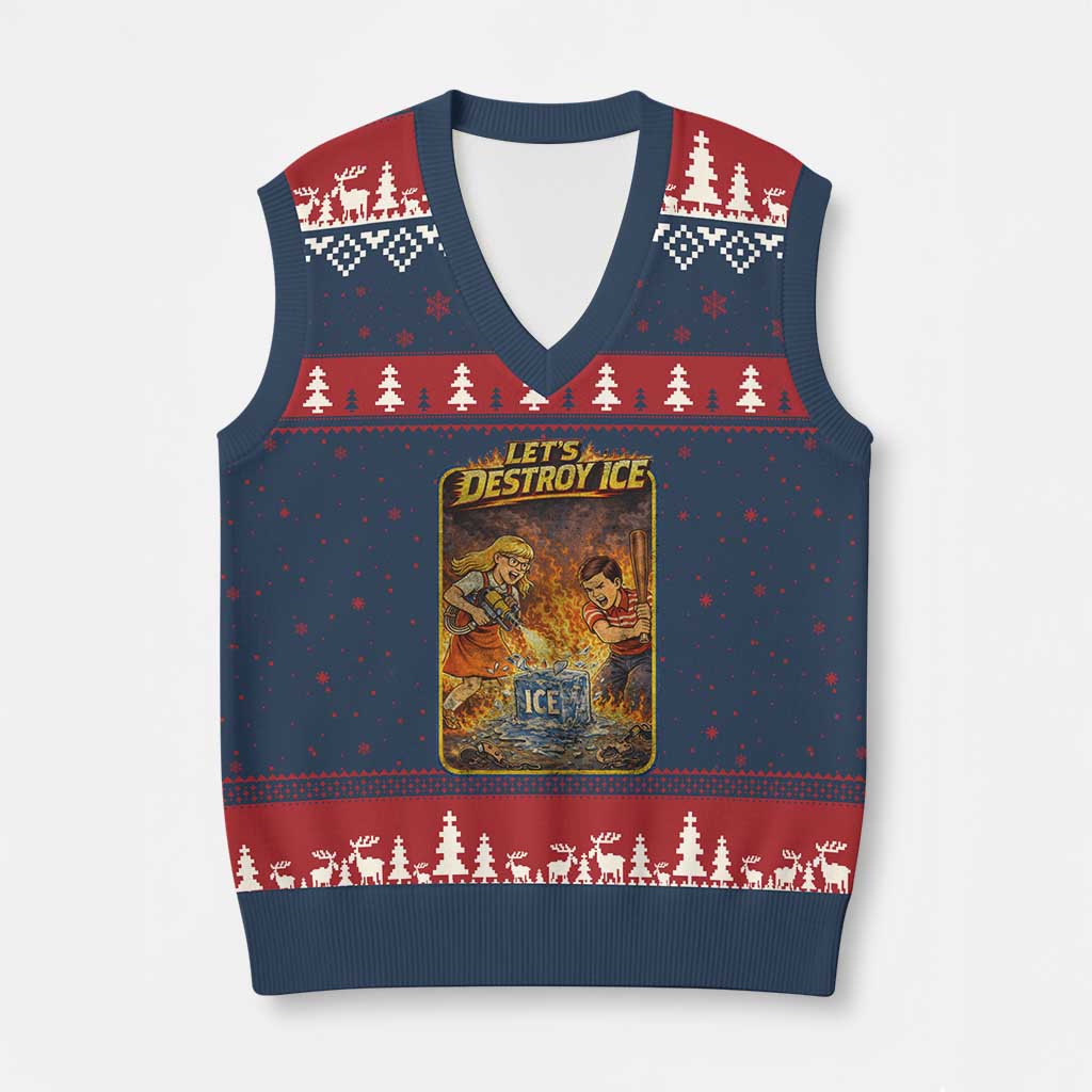 Subtle Abolish Ice V-Neck Knit Sweater Vest Retro Protest Satirical Graphic Let's Destroy Ice