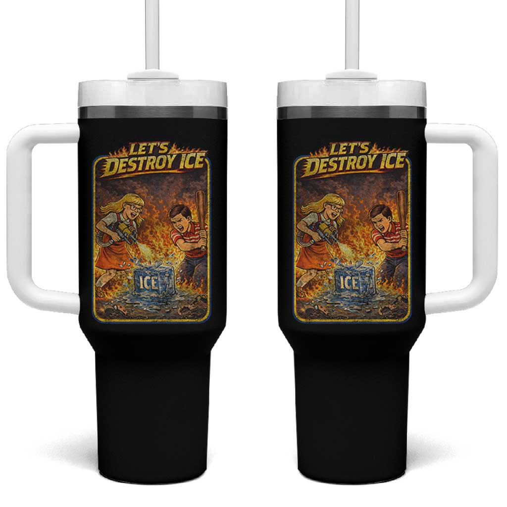 Subtle Abolish Ice Tumbler With Handle Retro Protest Satirical Graphic Let's Destroy Ice