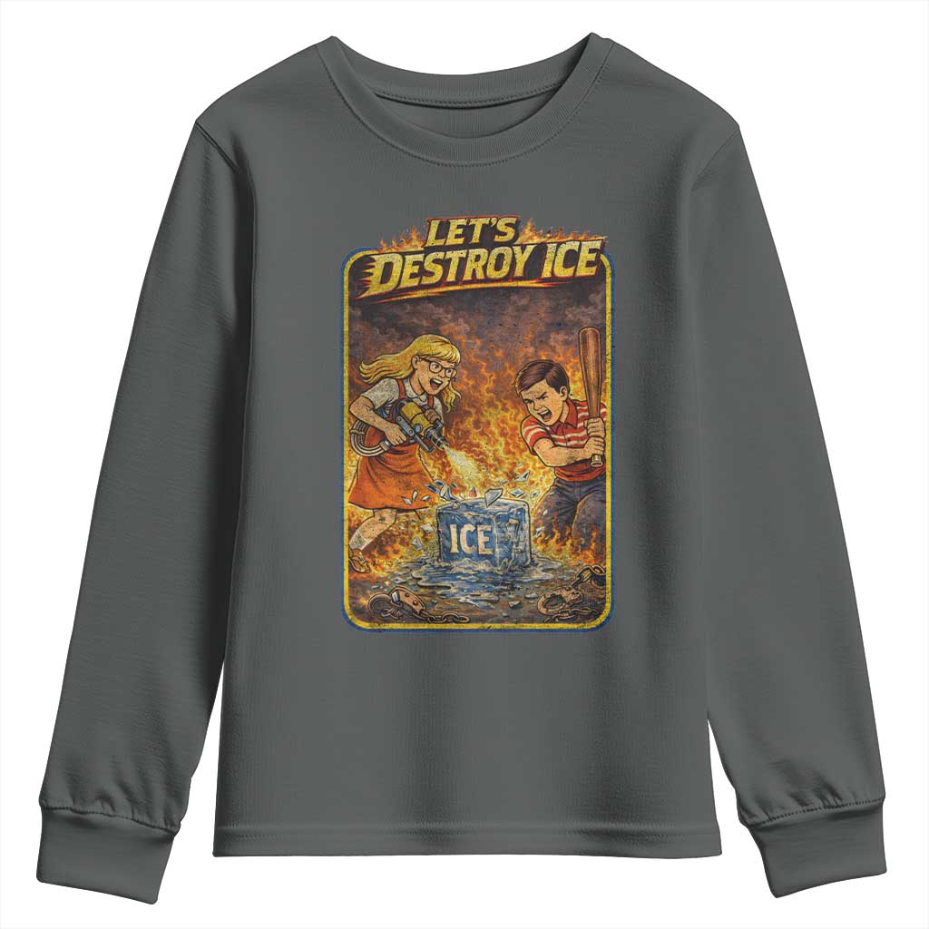Subtle Abolish Ice Youth Sweatshirt Retro Protest Satirical Graphic Let's Destroy Ice