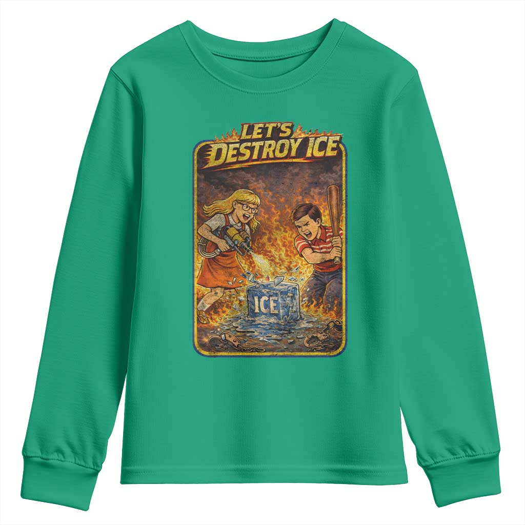Subtle Abolish Ice Youth Sweatshirt Retro Protest Satirical Graphic Let's Destroy Ice
